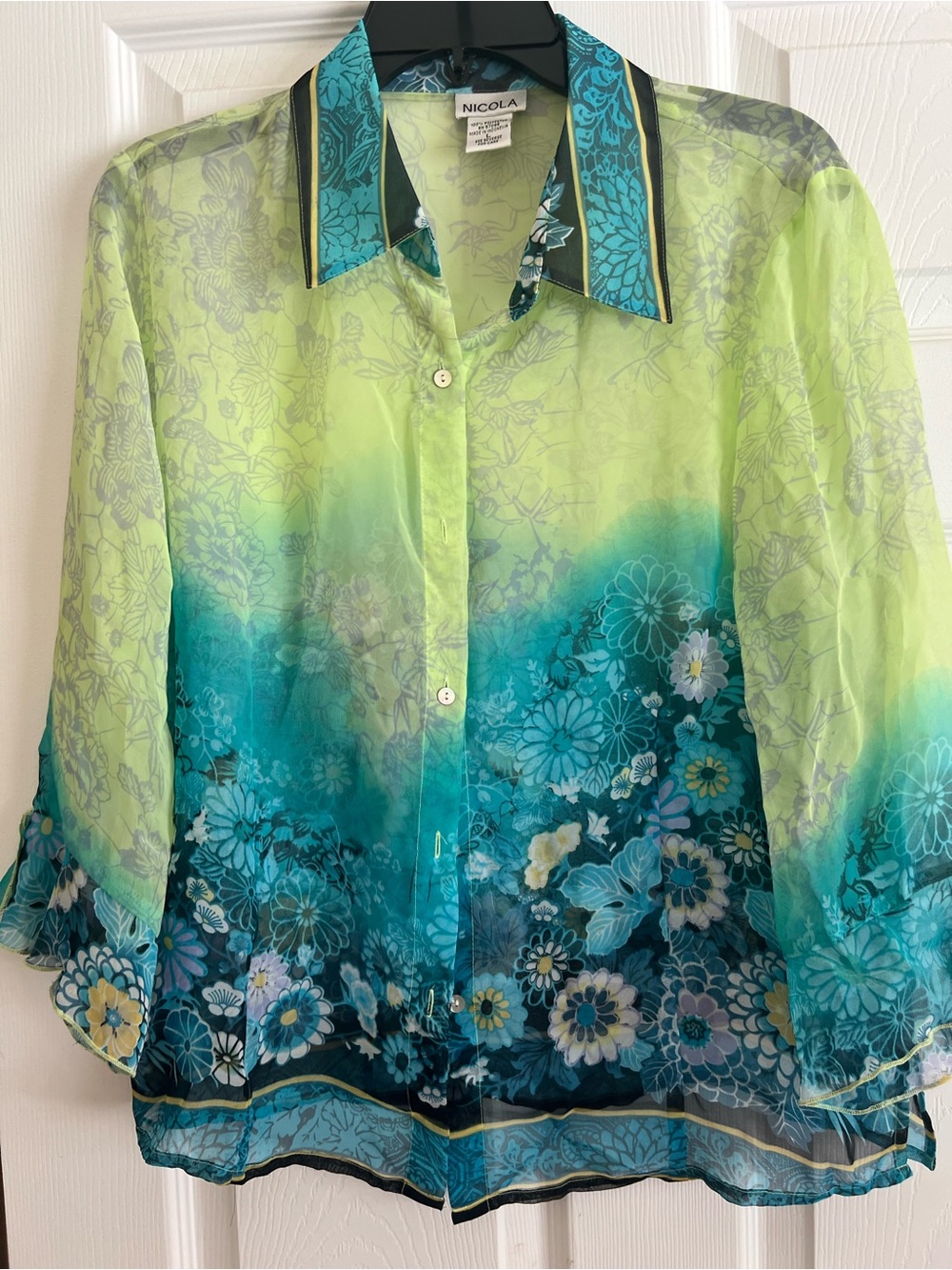 NICOLA Lime Green to Teal Ombre Floral Sheer Button Blouse
